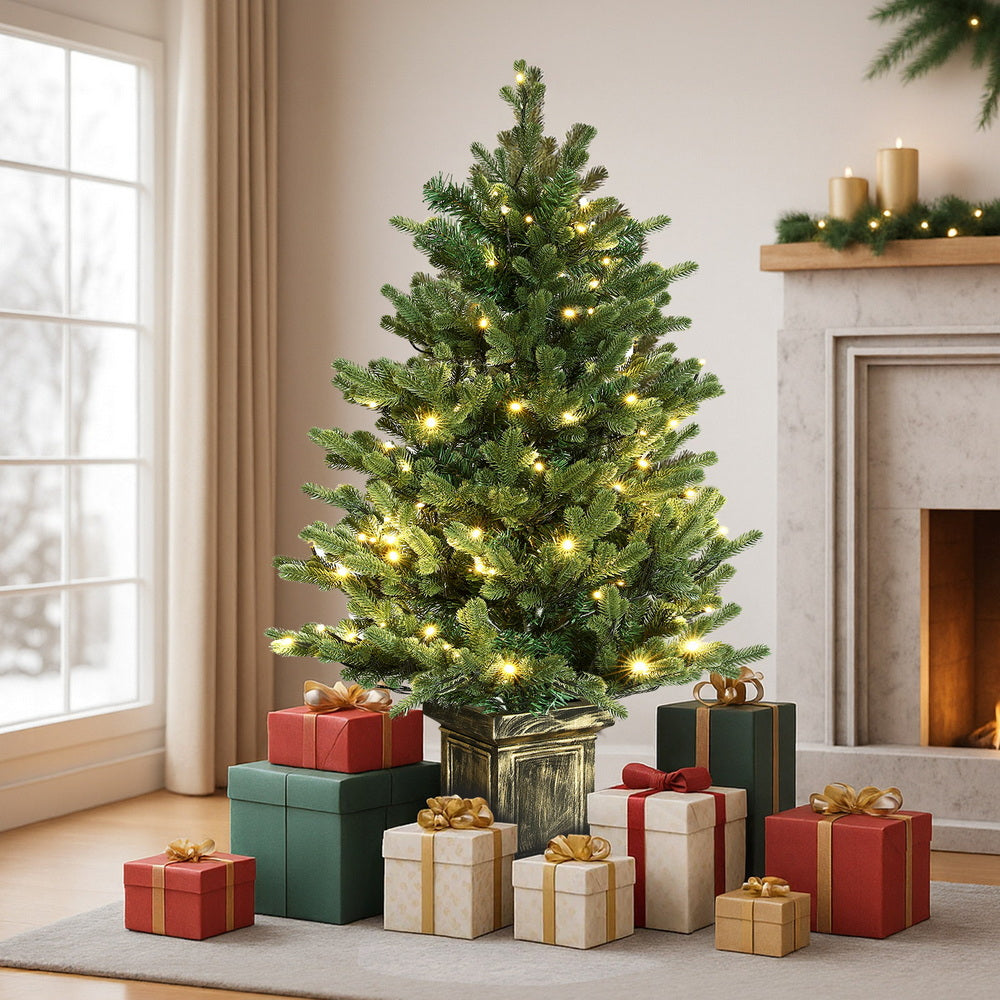1.2m Pre-Lit Potted Christmas Tree - 8 Light Modes