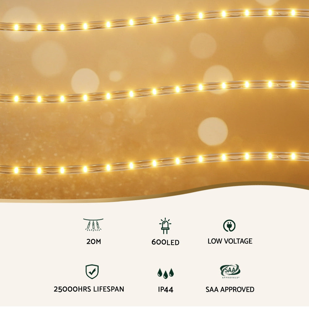 20M Christmas Lights String Rope Light Decorations Warm 600 LED