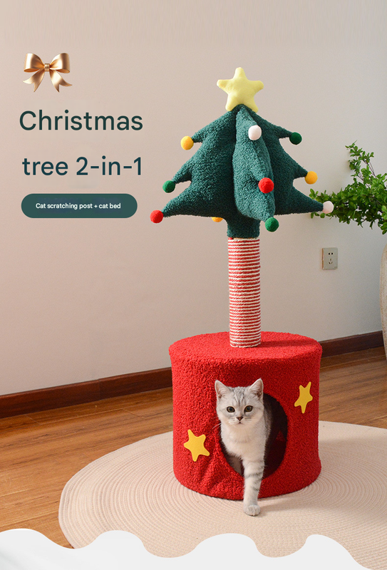 Festive Christmas Tree Cat Scratcher & Condo - 2-in-1 Sisal Post with Cozy Hideaway Bed