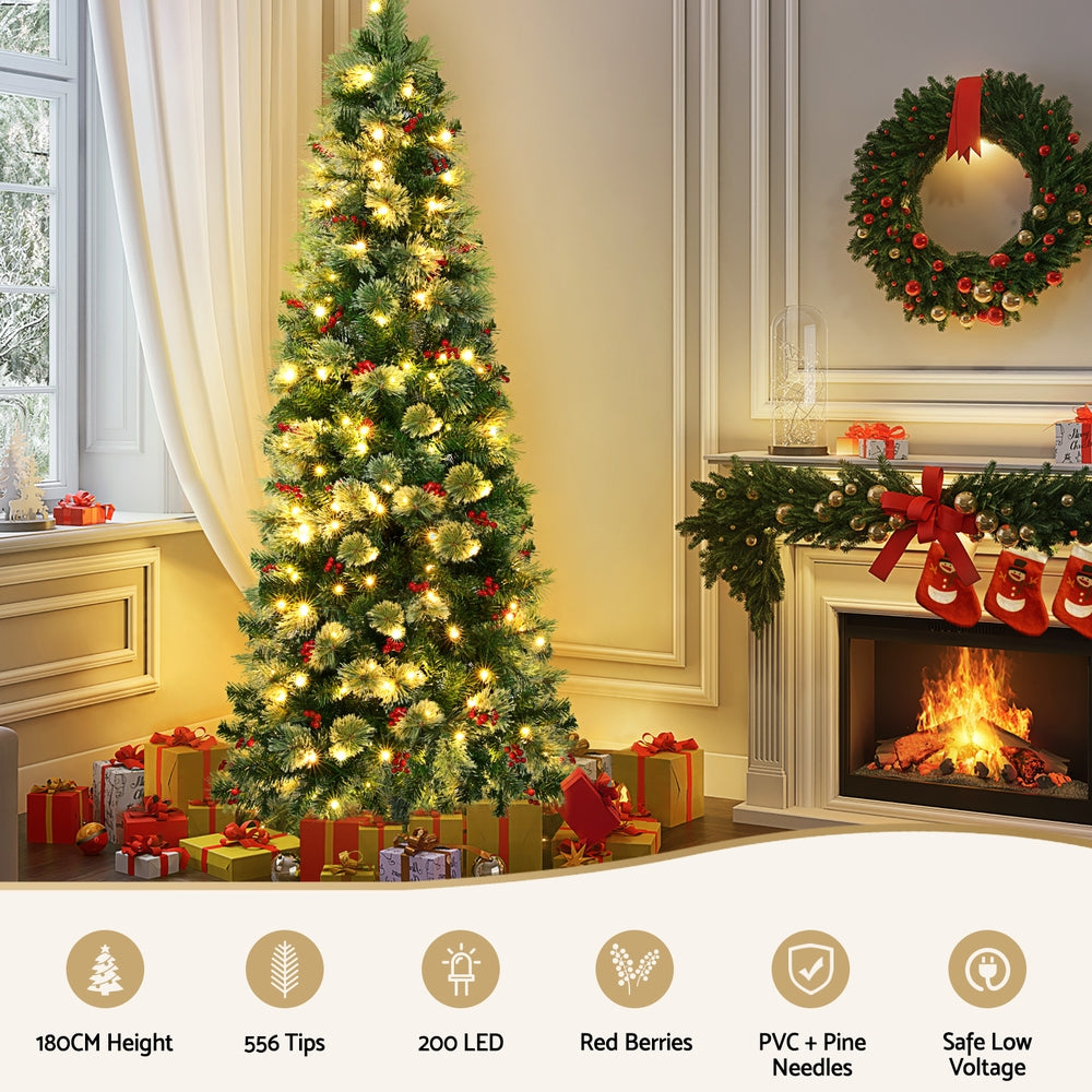 1.8M Christmas Tree with warm white lights and red berries