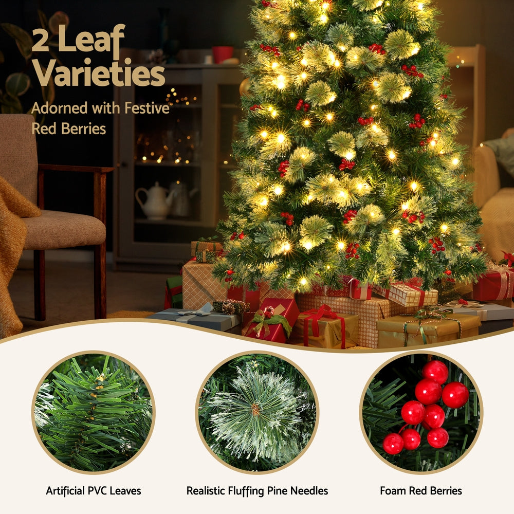 1.8M Christmas Tree with warm white lights and red berries