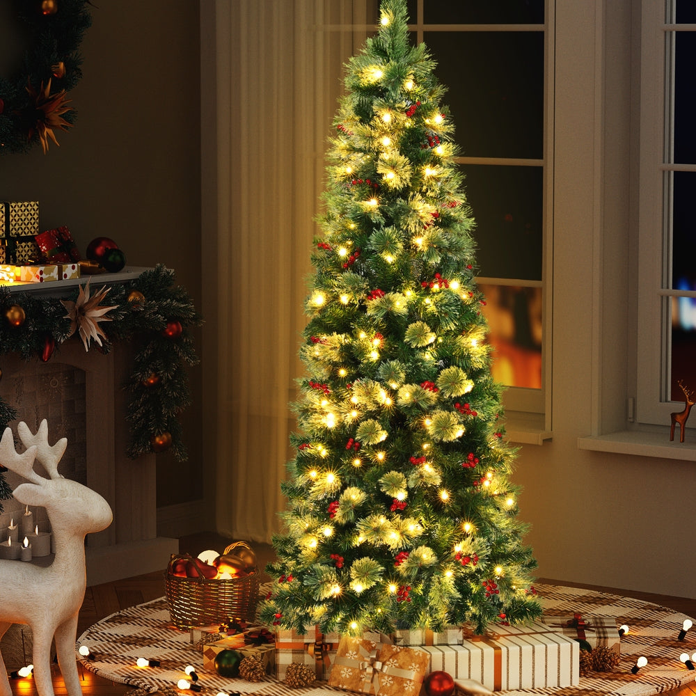 1.8M Christmas Tree with warm white lights and red berries